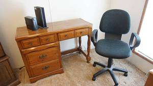 lot 124 image: Six Drawer Wooden Desk-Three Drawer Wooden Cabinet W Files In Bottom Drawer-Fabric Desk Chair On Casters-Cyber Power & Internet Modems