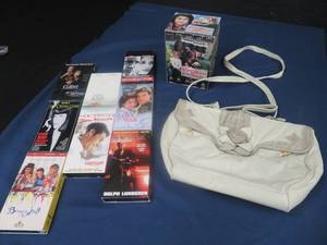 MISC LOT OF VHS MOVIES AND A LEATHER PURSE