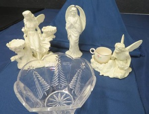 2 ANGEL CANDLE HOLDERS - ONE ANGEL FIGURINE- ONE LEAD CRYSTAL BOWL