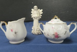 VINTAGE PORCELAIN 1205 JAPAN- FORGET ME KNOTS SUGAR AND CREAM CONTAINERS- ANGEL FIGURINE