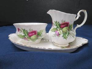 VINTAGE ROYAL ALBERT BONE CHINA - HIGHLAND THISTLE SUGAR AND CREAM CONTAINER ON OVAL SERVING DISH