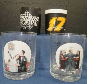 2 GLASS COLLECTABLE SATURDAY EVENING POST GLASSES (NORMAN ROCKWELL) AND 2 BEER KOOZIES