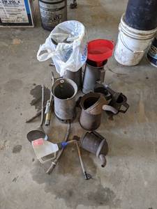 lot 193 image: Large Lot of Metal Oil Cans, Funnels and More