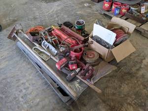 lot 214 image: PALLET LOT - Winches, Cylinders, Hitches, Safety Triangles and More