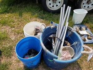lot 635 image: Tools and Hardware (in 3 buckets)  with Tools, Piping, Hose, Ratchets, Threaded Rods, P95 Filters, Misc. Hardware