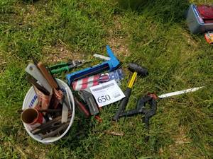 lot 650 image: Hand Tools  with Files, Mallet, Hammers, Caulk Gun, Scratch Awl, Snips, Square, Misc. Tools