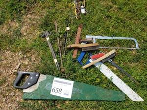 lot 658 image: Hand Tools  with Hand Saws, Brushes, Chisel Tips, Hack Saw, Chain and Hooks, Misc. Tools