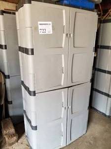 lot 722 image: Plastic Storage Cabinet 4-door 4-shelf  with Carefresh Natural Pet Bedding, Greaseless Lubricant, Shop Lamp, Lighting Fixtures, and more