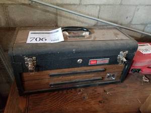 lot 706 image: Sears Craftsman Metal Toolbox 2-drawer  with Vise Clamp, Pliers, Wire Strippers, Needle nose Pliers, Hole Saw, Putty Knife, Folding Yard Stick, Measuring Tape, and more