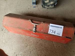 lot 734 image: Metal Duplex Toolbox 32L  with Hand Tools - Hand Drill, Snips, hammer, Wire, Drill Bits, and more