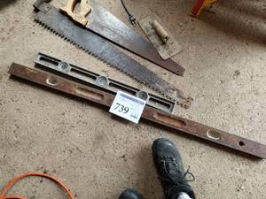 lot 739 image: Hand Tools  with 60 Level, 36 Level, Hand Saws (x2), Concrete Tool, Mazola Corn-Popper