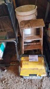 lot 692 image: Wood Step Ladder 3-step, Igloo Cooler, Hammer, Threaded Rods, Misc Hardware