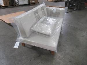 lot 124 image: Hampton Bay Willow Glen Farmhouse Wood Outdoor Patio Sofa Piece with Teak Finish and Beige Cushions
