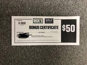 lot 4 image: $50 Dicks Sporting Goods Bonus Certificate #1
