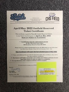 lot 31 image: 2 St Paul Saints Baseball Tickets