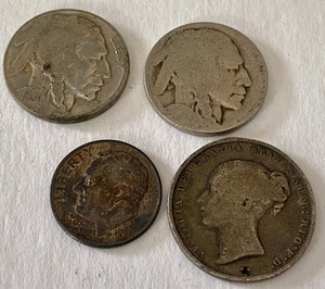 Vintage Coins (2) Buffalo Nickels (1) 1958 Dime and (1) 1852 Shilling