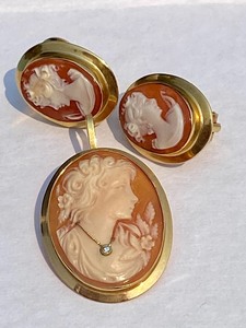 18k Gold and Diamond Cameo Pendant and 18k Gold and Cameo Earrings