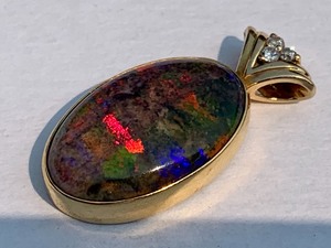 14k Gold Bezel Australian Opal & Diamond Pendant