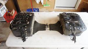 Black Leather Saddle Bags W Conchos & Rivets-- For Storage On Motorcycle Rides