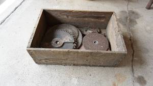 Wood Box W Antique Saw Blades Etc. In It
