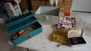 Metal Fishing Tackle Boxes--The Bottom Of Container W Life Magazine-Collectors Edition--Red Websters New World Pocket Dictionary