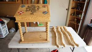 Hand Craved Wooden Desk W Four Spiral Legs &amp One Shelf On Bottom--Top Lifts Up For Inside Storage