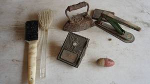 Vintage Brushes & Iron & Fishing Bobber & Arbucle Brothers Item