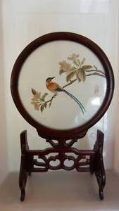 Decorative Oriental Bird On A Blossomed Tree Branch Picture Connected To A Wooden Stand