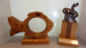 Wood Fish Bank In A See Through Plexiglass 8  x  6 Tall---Pendleton Round Up National Rally 1983 Trophy