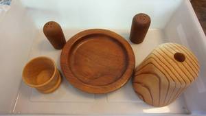 Wood Plate--Salt & Pepper Shakers--Candleholder--Sugar Pack Container