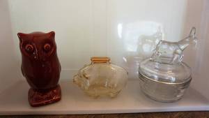 Glass Donkey Candy Jar--Owl Porcelain Piggy Bank--Glass Piggy Bank