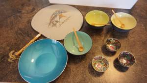 Asian Metal Bowls And A Decorative Hand Held Fan
