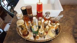 Mirrored Tray Filled W Perfume Bottles On It--13 Long  x  9 12 Wide
