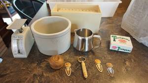 5 12 Crock--Recipe Box--Diet Scale--Metal Creamer, ETC