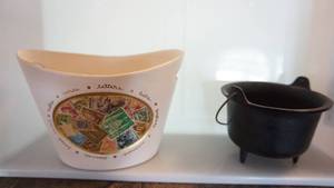 Porcelain Mail Holder--7 Wide  x  5 Tall----Cast Iron Pot W Handle--5 Wide   x  3 14 Tall