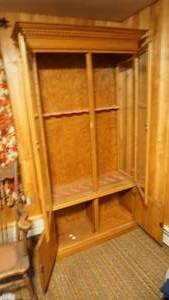 Wooden Gun Cabinet With Glass Front Doors & Two Wood Doors On Bottom That Lock