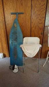 Metal Ironing Board--Iron-- Laundry Basket On Wheels-- Clothes Pins