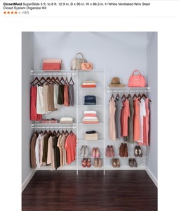 ClosetMaid SuperSlide 5 ft. to 8 ft. 12.9 in. D x 96 in. W x 86.3 in. H White Ventilated Wire Steel Closet System Organizer Kit. See Pictures