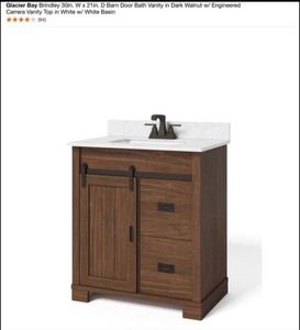 Glacier Bay Brindley 30in. W x 21in. D Barn Door Bath Vanity in Dark Walnut w Engineered Carrera Vanity Top in White w White Basin. See Pictures