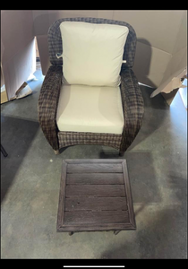 lot 14 image: Hampton Bay Wicker Outdoor Chair with Beige Cushions & HB Beacon Park Side Table with Slat Top. See Pictures