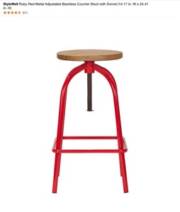 lot 17 image: StyleWell Ruby Red Metal Adjustable Backless Counter Stool with Swivel (14.17 in. W x 24.41 in. H). See Pictures