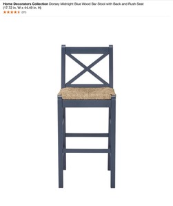 lot 32 image: Home Decorators Collection Dorsey Midnight Blue Wood Bar Stool with Back and Rush Seat (17.72 in. W x 44.49 in. H). See Pictures