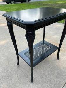 lot 106 image: Painted Vintage Wooden Accent Table with Lower Caned Shelf
