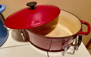 lot 216 image: Red Cast Iron Pot and a Blue Enamel Pot
