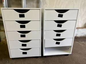 lot 376 image: 2 Rolling White Wood Storage Cabinets