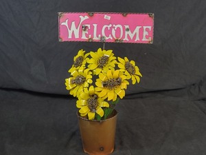 New Handmade Recycled Metal Garden Art Welcome Sunflowers in Bucket