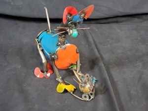 New Handmade Recycled Metal Garden Art Cat with Mouse