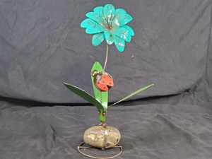 New Handmade Recycled Metal Flower with Ladybug on Rock Base