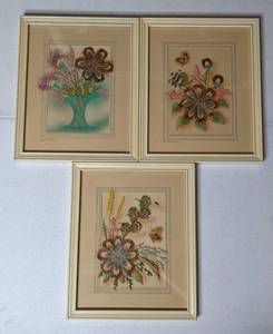 lot 255 image: Lot of (3) Beautiful Vintage Feather Craft Prairie Pictures Vintage Handmade Feather Flower Craft by Ida G. Bisek