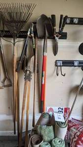 lot 54 image: Yard Tools, Hedge Clippers, Loppers, Post Digger, Rakes, and Shovels